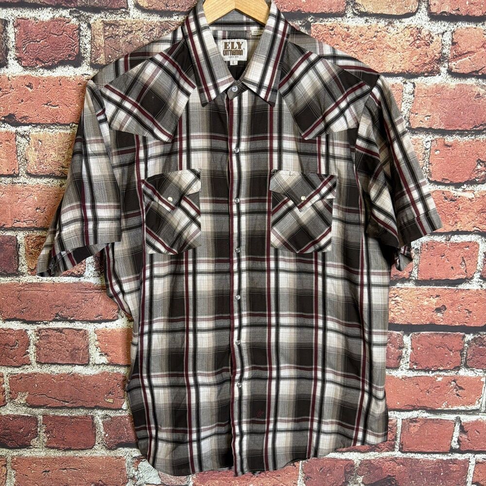 Ely Cattleman Shirt Mens BlackRed Maroon Plaid Pearl Snap Large